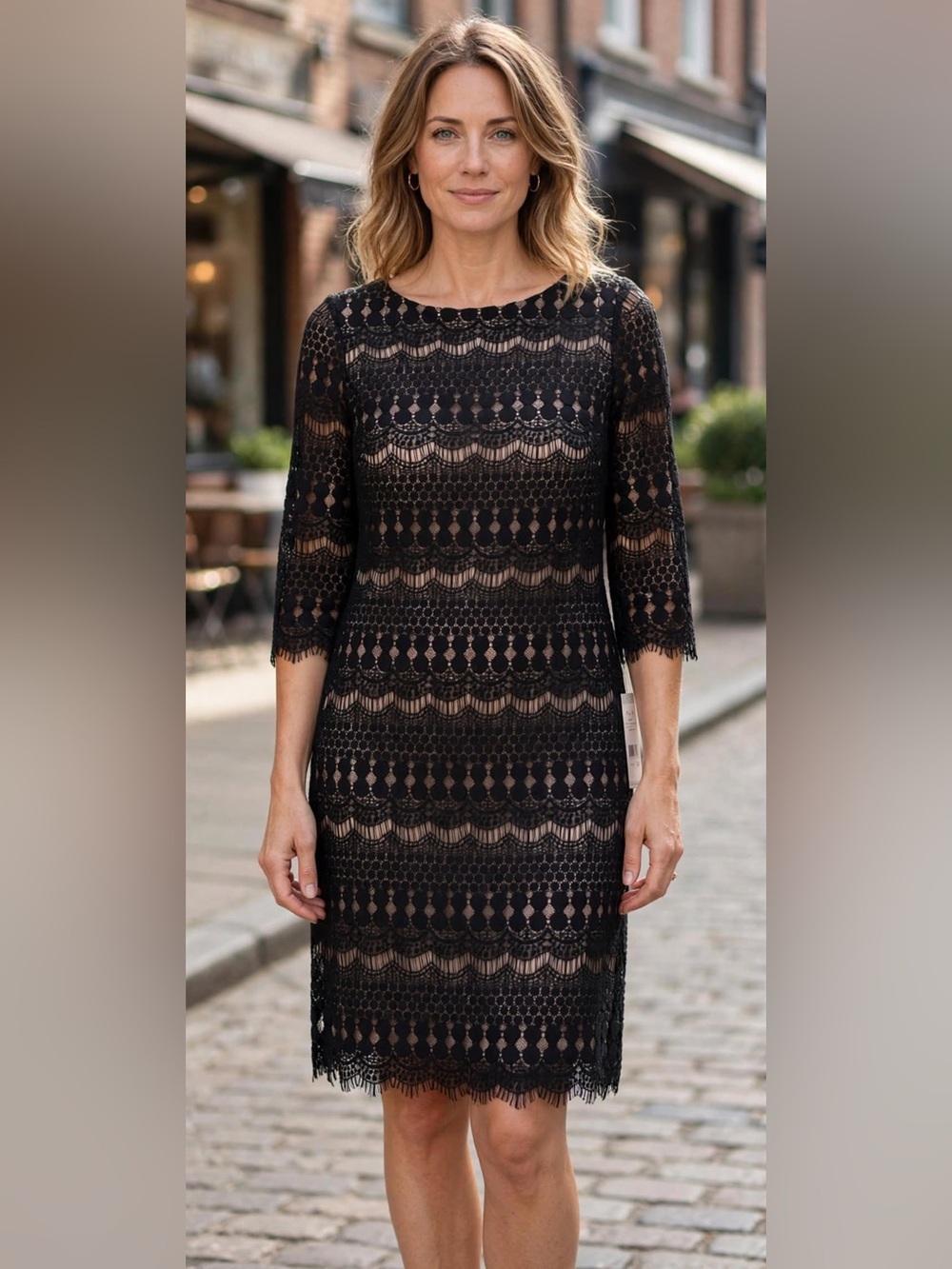 Eliza J Black Lace Overlay Sheath Dress with Nude Lining